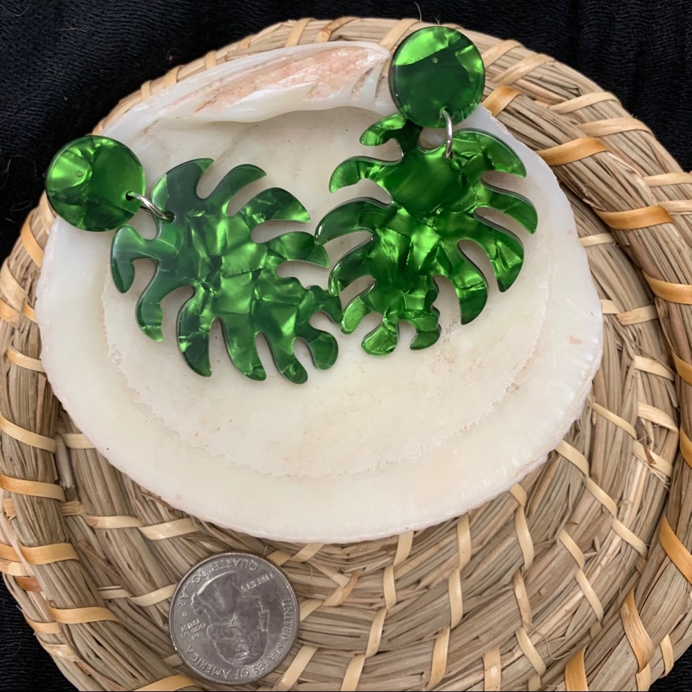 LUSH green acrylic monstera leaf earrings